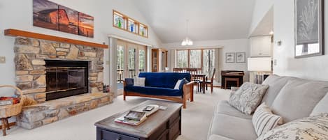 Smart TV, fireplace, books