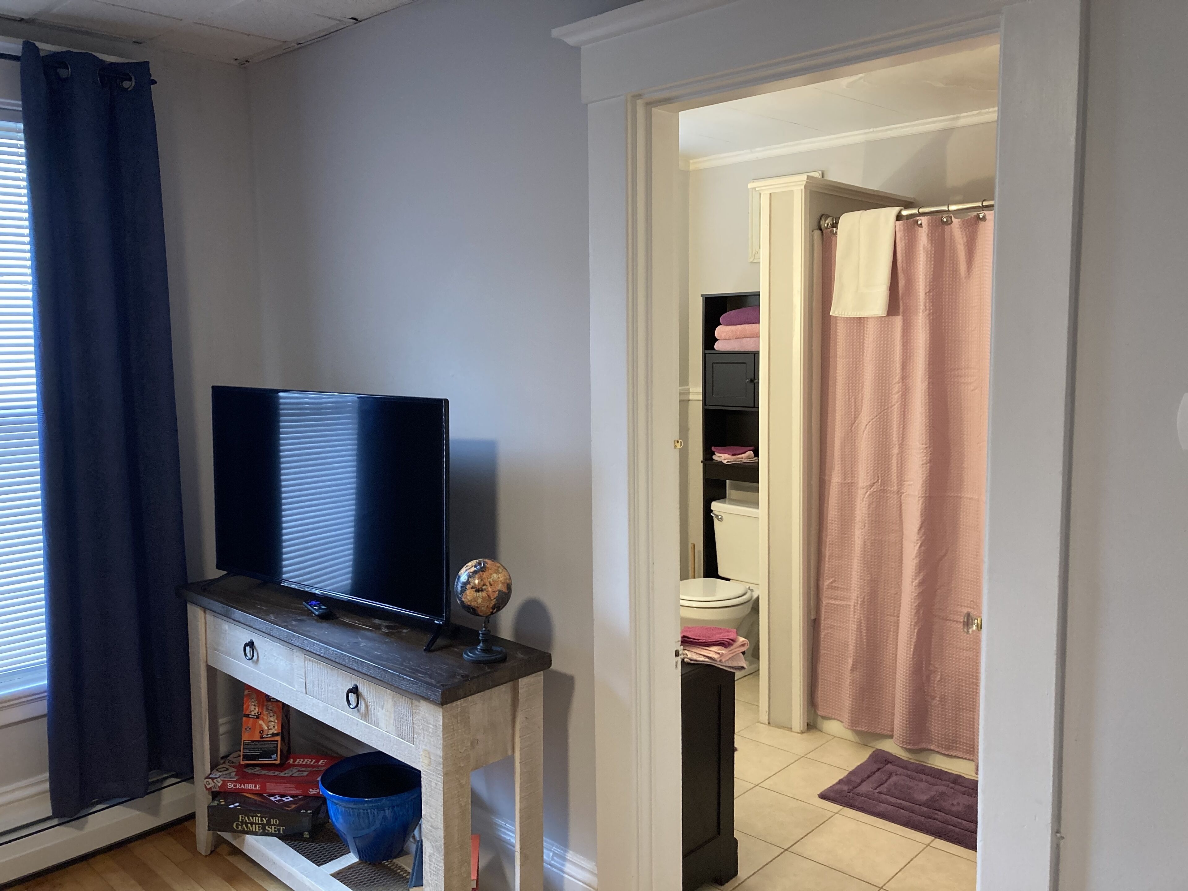 A room with a television on a wooden stand, a globe, and a Scrabble box. There is a bathroom visible with a pink shower curtain and a toilet.