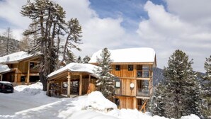 Un chalet en bois doté d’un balcon et d’une véranda couverte, entouré d’arbres couverts de neige et surplombant un ciel dégagé.