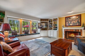 Älytelevisio, takka, DVD-soitin, kirjoja