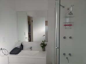 Combined shower/bathtub, towels, toilet paper