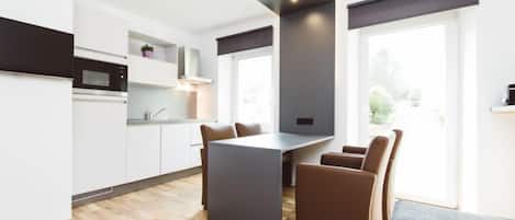 Fridge, microwave, high chair, cookware/dishes/utensils