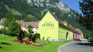 A building with a green facade and a sign reading "Alpin Resort ERZBERG Eisenberg".