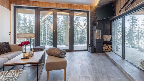 A modern living room with a sofa, coffee table, and ottoman, large sliding glass doors leading to a forest view, and a fireplace. - Superior # 03 Sauna&Sprudelwanne innen by Interhome (Pichl)