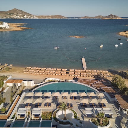 On the beach, sun loungers, beach umbrellas, beach towels