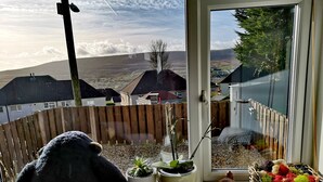 A view through a window with a wooden fence, a potted plant, and a toy turtle on a windowsill. - Charming 1-bed Maisonette With Mountain View (Pontypool)