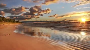 On the beach, sun loungers