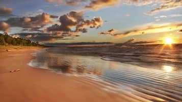 On the beach, sun-loungers