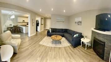 Smart TV, chimenea y libros