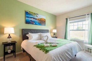 3 bedrooms, desk, blackout drapes, iron/ironing board