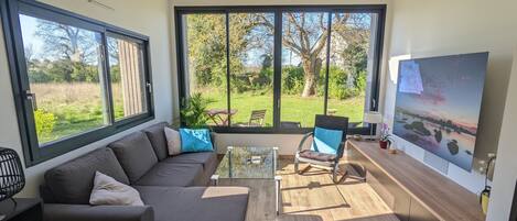 Smart TV, video library, stereo, computer monitors