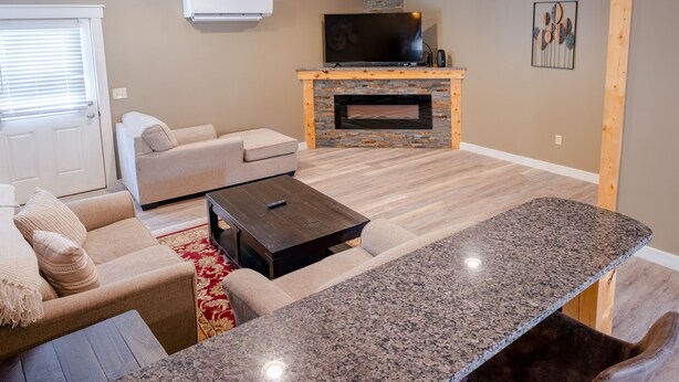 Una sala de estar moderna con un sofá, una mesa de centro, un televisor y una chimenea.