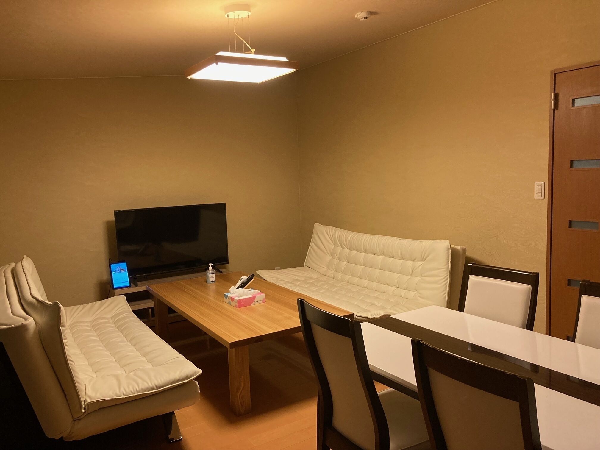 Ein Zimmer mit einem Holztisch, zwei gepolsterten Stühlen, einem Fernseher und einer Deckenleuchte.