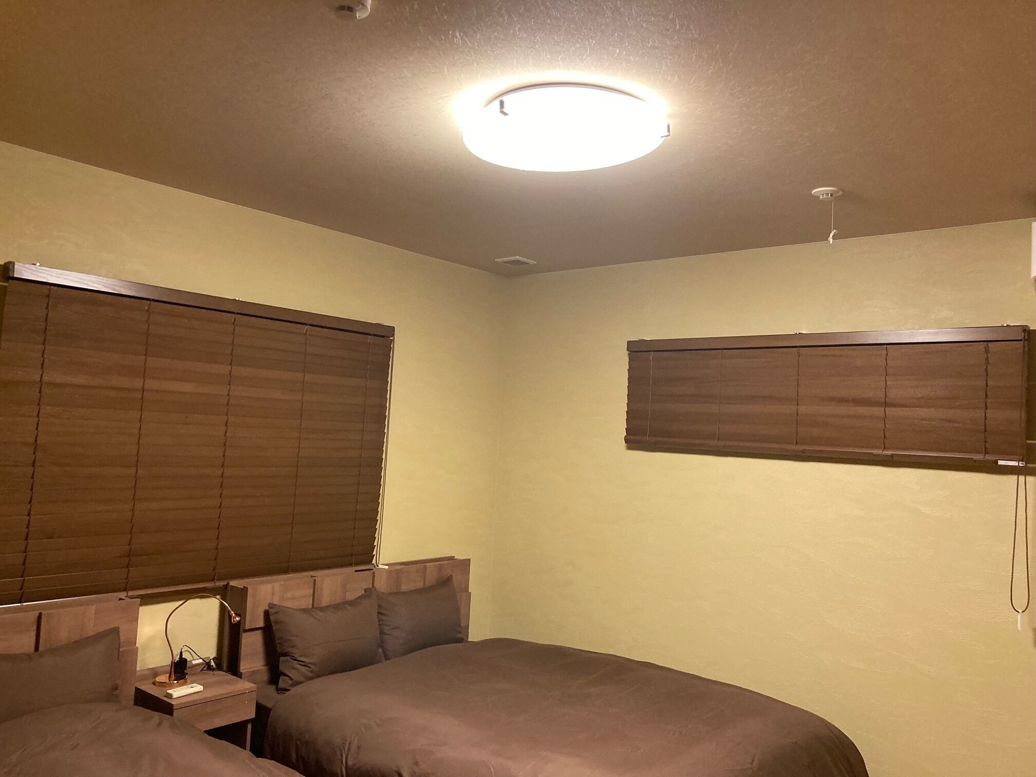 A bedroom with a single bed, a nightstand, a lamp, and two windows with blinds.