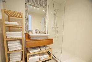 Combined shower/tub, hair dryer, towels, soap