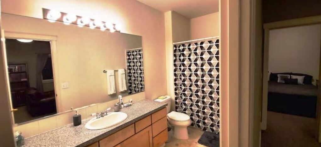 Combined shower/tub, jetted tub, hair dryer, towels