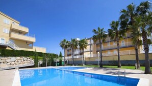 A swimming pool with a clear blue water surface, surrounded by a stone wall and palm trees.