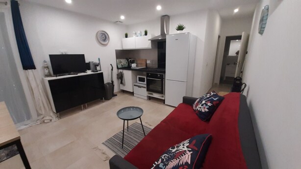 Un espace de vie compact comprenant un coin cuisine, un canapé, une petite table et un téléviseur.