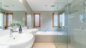 Shower, jetted tub, hair dryer