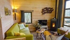 A cozy cabin interior with a green sofa, a fireplace, and a TV. - EuroParcs Ruinen (Ruinen)