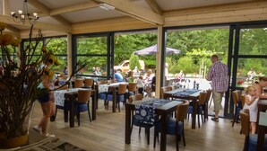 An indoor dining area with wooden tables and chairs, large windows, and a chandelier. - EuroParcs Ruinen (Ruinen)