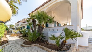 A residential area with a paved walkway, palm trees, and white buildings with green shutters. - VILLA SUNSET - Seafront (Torre Suda)