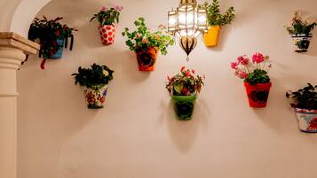A hallway with multiple potted plants hanging on the wall, a decorative lantern, and a stone column.