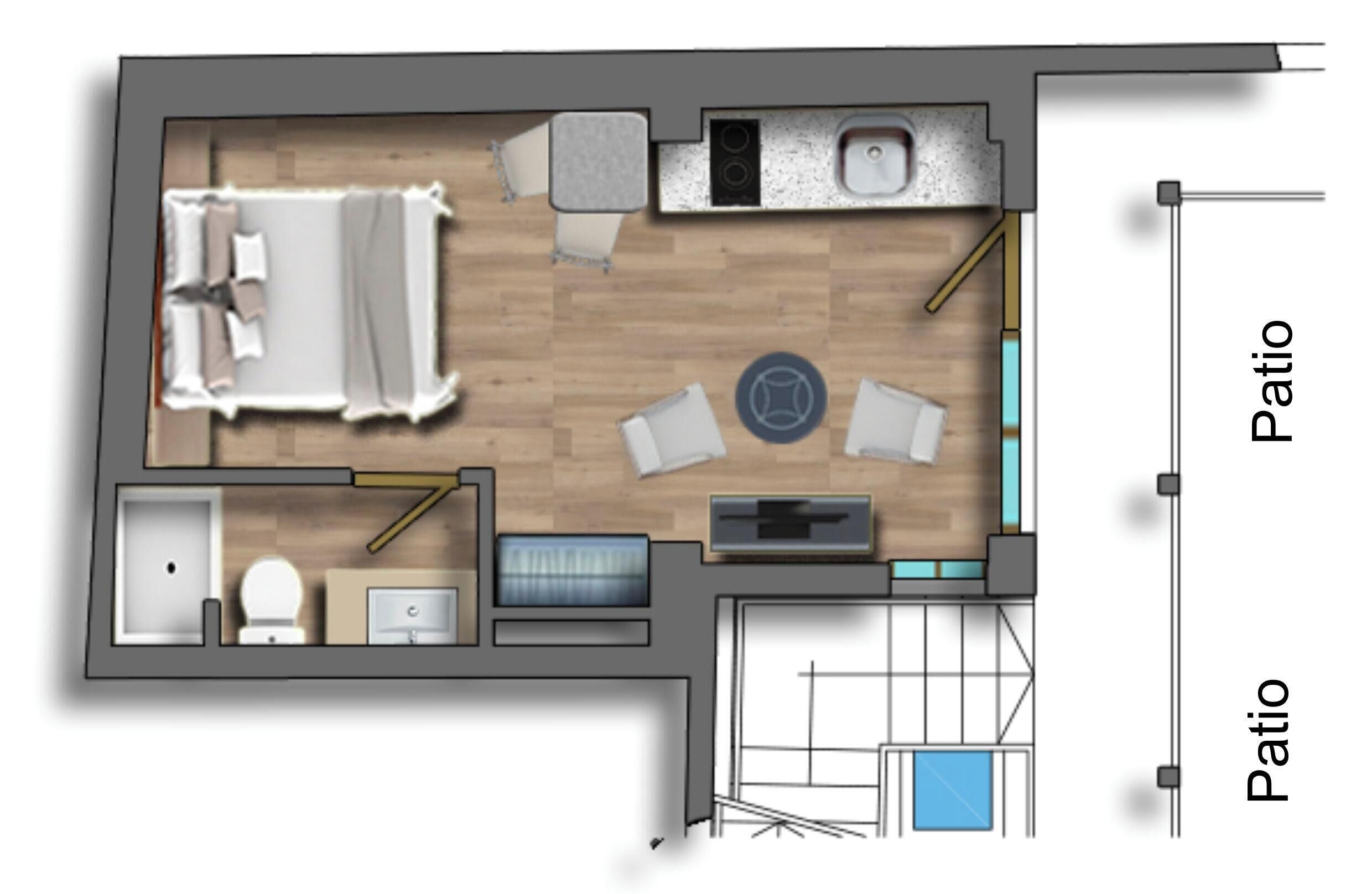 Plano de planta de una habitación de hotel con cama, baño, un pequeño rincón de descanso y un patio.