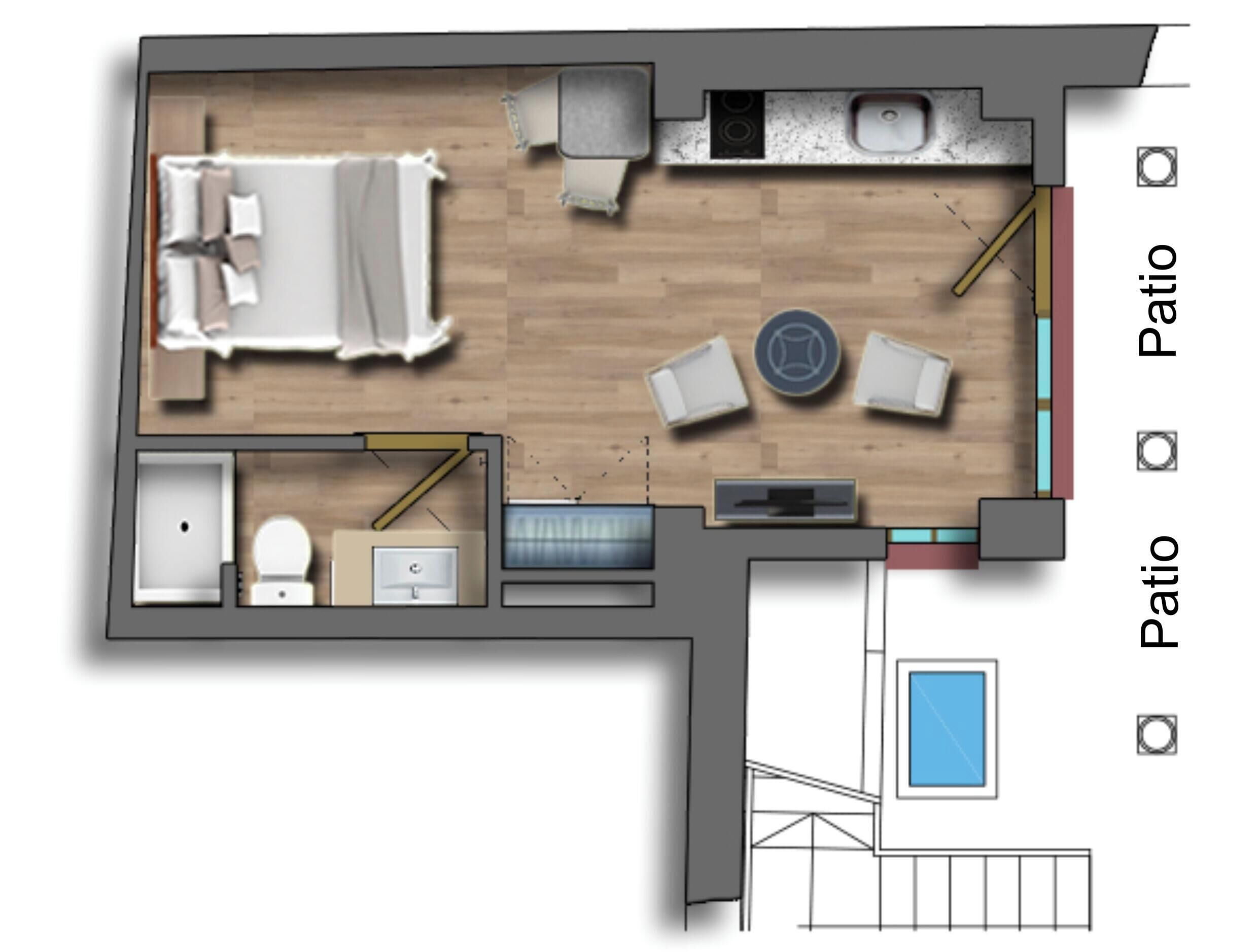 Un plan d’étage d’une chambre d’hôtel comprenant un lit, une petite salle de bain, une kitchenette et un espace extérieur avec une piscine.