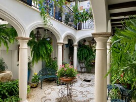Un patio con arcos, macetas, un banco y suelo de baldosas.