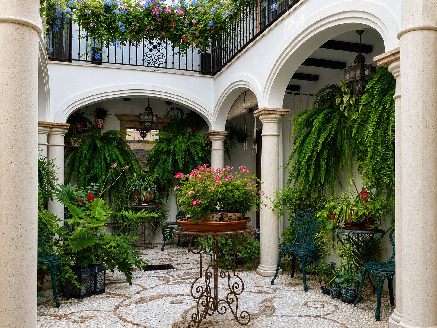 A courtyard with arches, columns, potted plants, a fountain, and a tiled floor.
