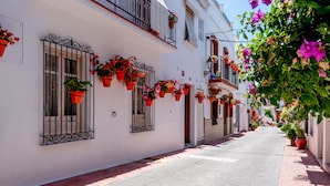 A narrow street lined with white buildings, each with balconies adorned with potted plants and flowers. - Casa del Patio - Boutique Apartments (Estepona)