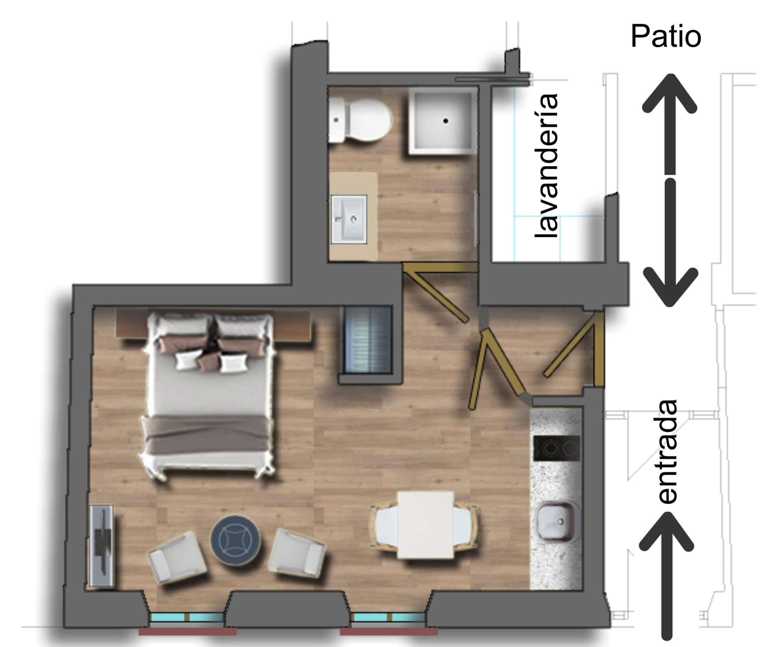 Distribución de una habitación de hotel con cama, zona de estar y baño.