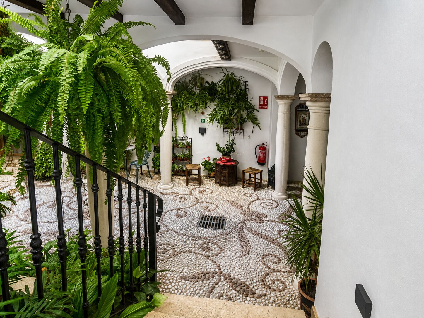 Un espacio interior amplio con piso estampado, una escalera y varias plantas en macetas.