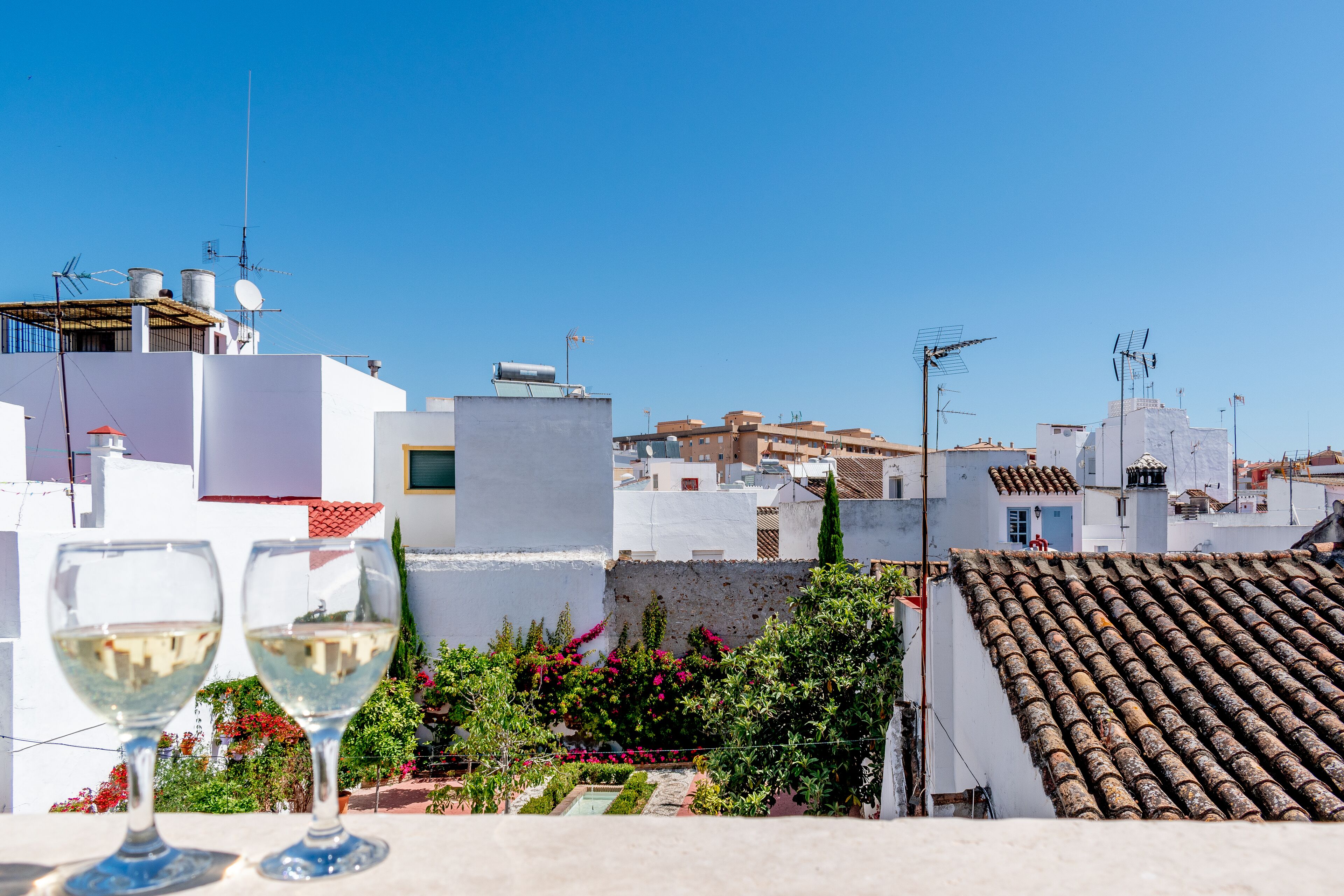 A rooftop terrace with white walls and a tiled roof, surrounded by greenery and flowers.
