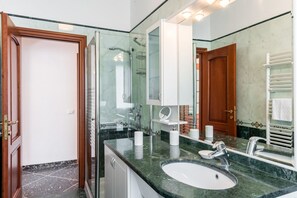 Shower, hair dryer, bidet, towels