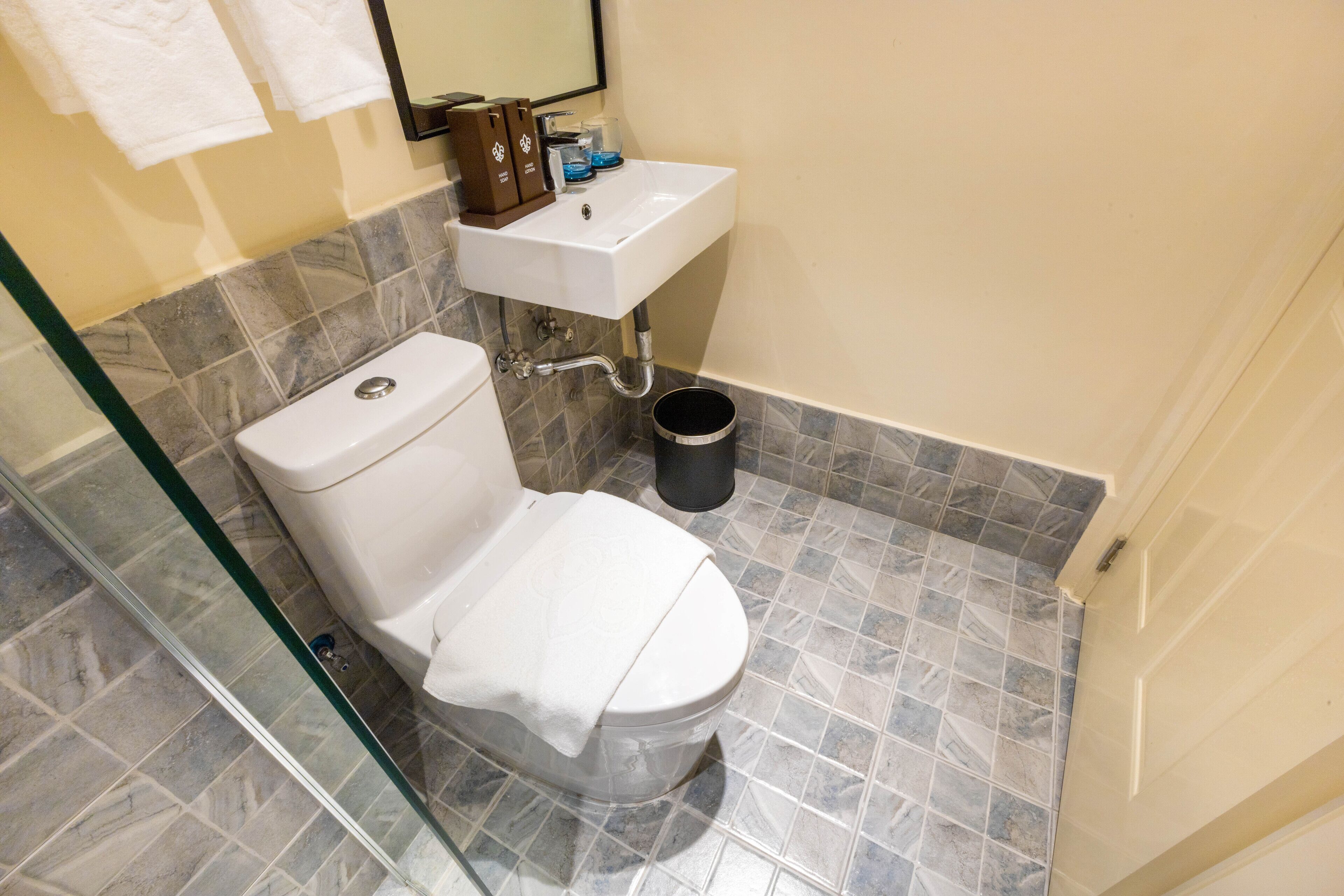A bathroom with a toilet, sink, and a trash bin.