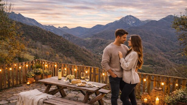 A couple standing by a wooden table set with wine glasses, bread, and flowers, overlooking a mountainous landscape. - Congosta, romantic cottage with private jacuzzi in the mountains (Teverga)