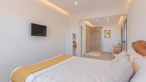 Quarto com cama, televisão, banheiro com chuveiro e uma pequena janela.