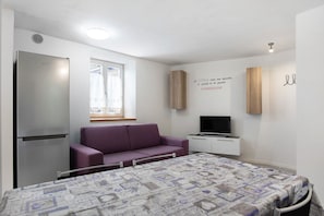 Ein kleines Schlafzimmer mit Bett, Sofa, Fernseher, Kühlschrank und einem Fenster mit Vorhängen.