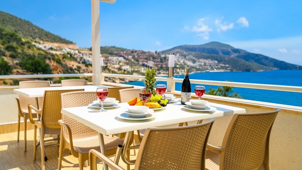 A table set with plates, glasses, a bottle of wine, and fruit on a terrace with a view of the sea and hills.