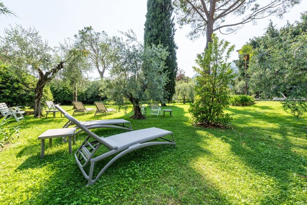 Ein Garten mit Liegestühlen und einem kleinen Tisch.