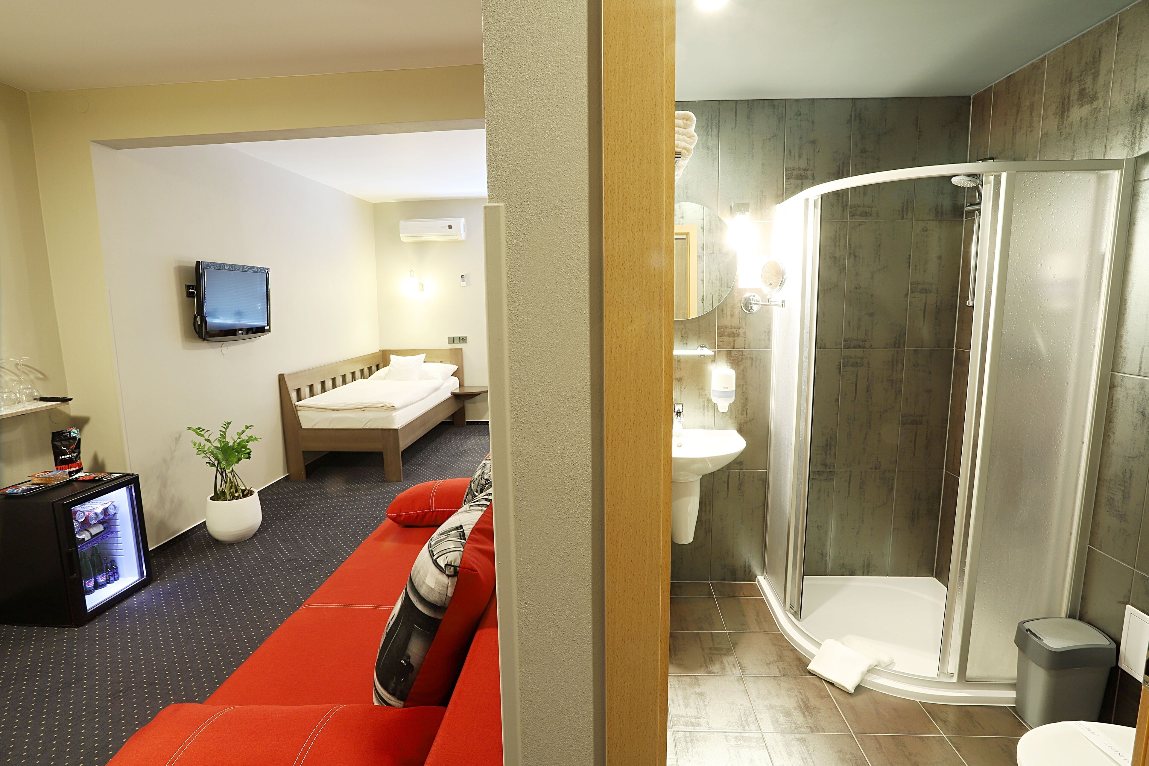 Et hotelværelse med seng, TV, brusebad og siddeplads.