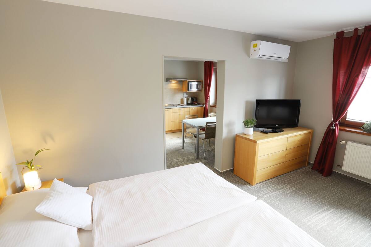 Camera d'albergo con un letto, una televisione, una cassettiera in legno, una scrivania e un angolo cottura sullo sfondo.