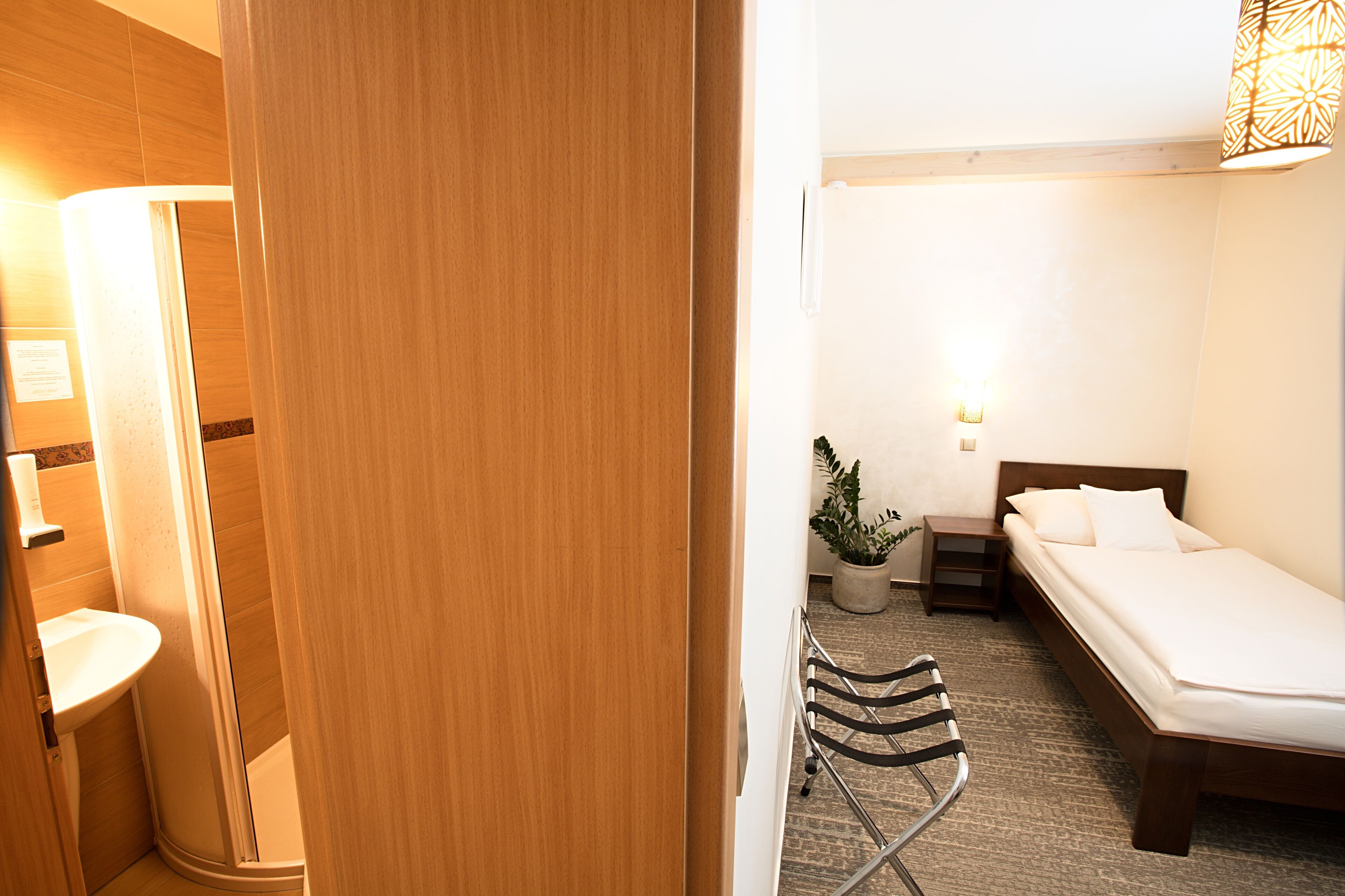 Une chambre d’hôtel avec une porte en bois, un lit, une table de chevet, une plante en pot, une chaise et une salle de bain équipée d’un lavabo et d’une douche.