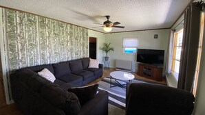 A living room with a dark sofa, a coffee table, a ceiling fan, a TV, and a window with curtains. - Hidden gem, 2BR-2 Living, quiet neighborhood (Plattsburgh)