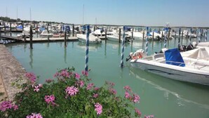Een jachthaven met afgemeerde boten, een heldere lucht en enkele roze bloemen op de voorgrond.
