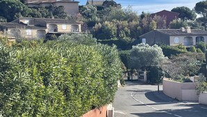 A residential area with houses, a curved road, and a gate.