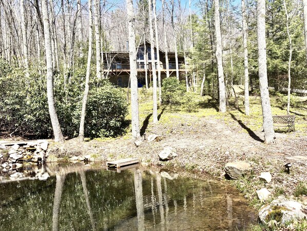 A cabin surrounded by trees, a small pond, and a wooden dock. - Heaven on Earth Nestled in the Blue Ridge Mountains (Vilas)