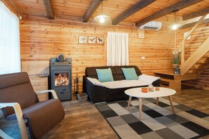 21-inch TV with digital channels, fireplace, stereo